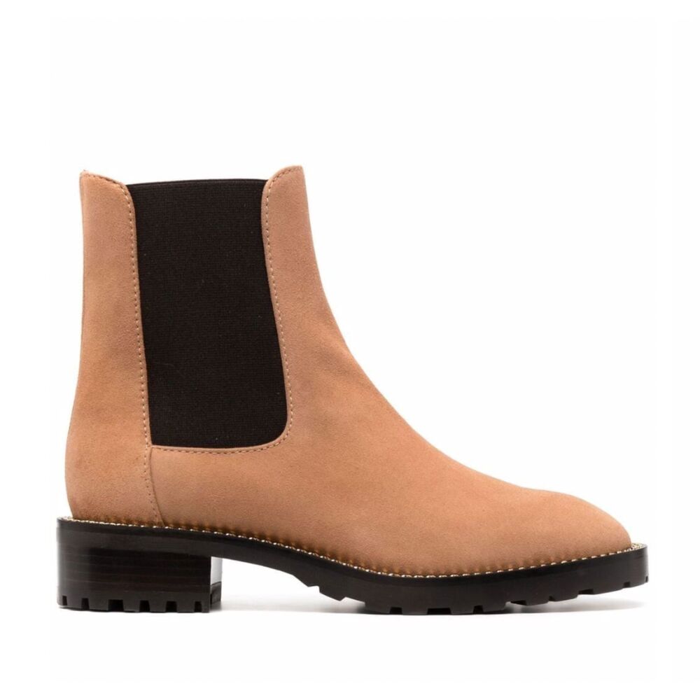 NWOB Womens Stuart Weitzman Kolbie Suede Chain Link Chelsea Boots Tan Size 5.5